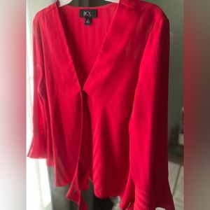 Worn once.  deep V sheer red top. Sheer. 3/4 bell sleeves.
